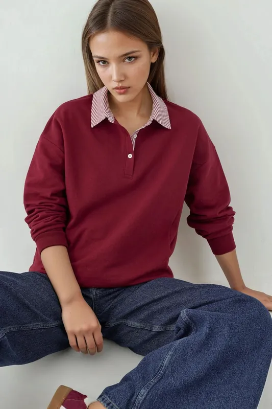 Oversized Polo Neck Sweatshirt with Woven Garni Detail - Hiccup
