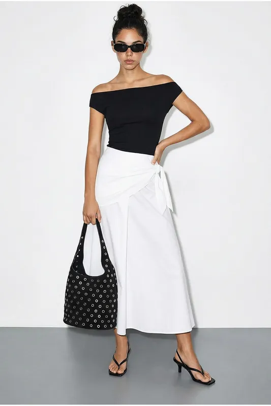 High Waist A-Line Wrap Skirt with Tie Detail