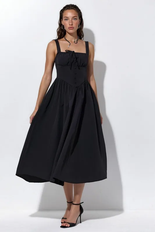Midi Dress with Square Collar and Button Detail - Busem