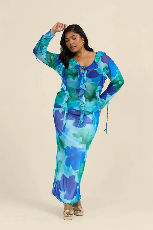 Curve Mesh Maxi Skirt In Blue Floral - FASHION-SZN