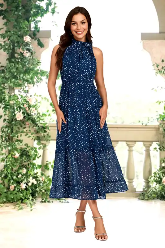 Dot Print Halter Neck Maxi Dress In Navy - FS Collection