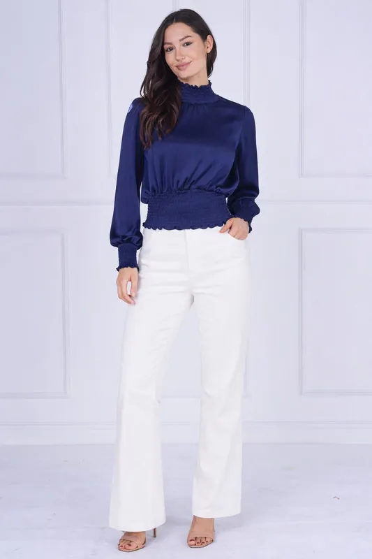 Navy Creased Satin Shirred Waist Top - Love Sunshine