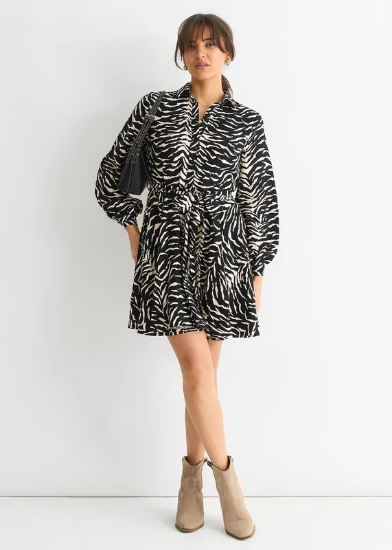 Mono Zebra Belted Shirt Dress - Gini London