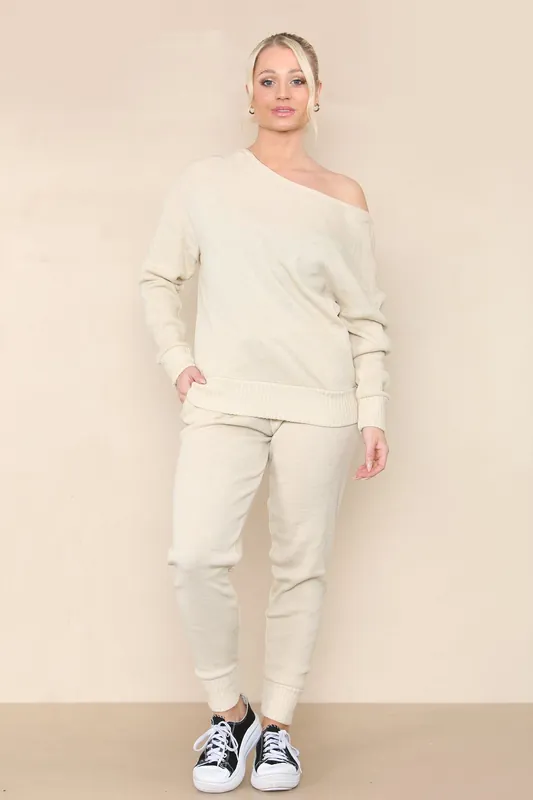 Beige Knitted Boat neck Co-Ord Solid Two Piece Loungewear