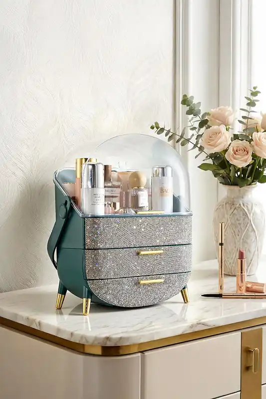Countertop Portable Oval Makeup Storage Box with Transparent Cover - SHEONLY