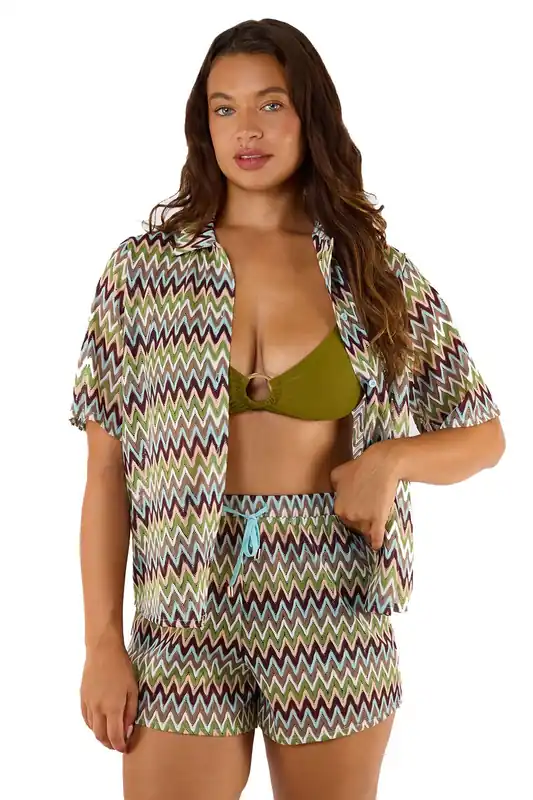 Kalahari Khaki Zig Zag Crochet Beach 'Shirt' - Wolf & Whistle