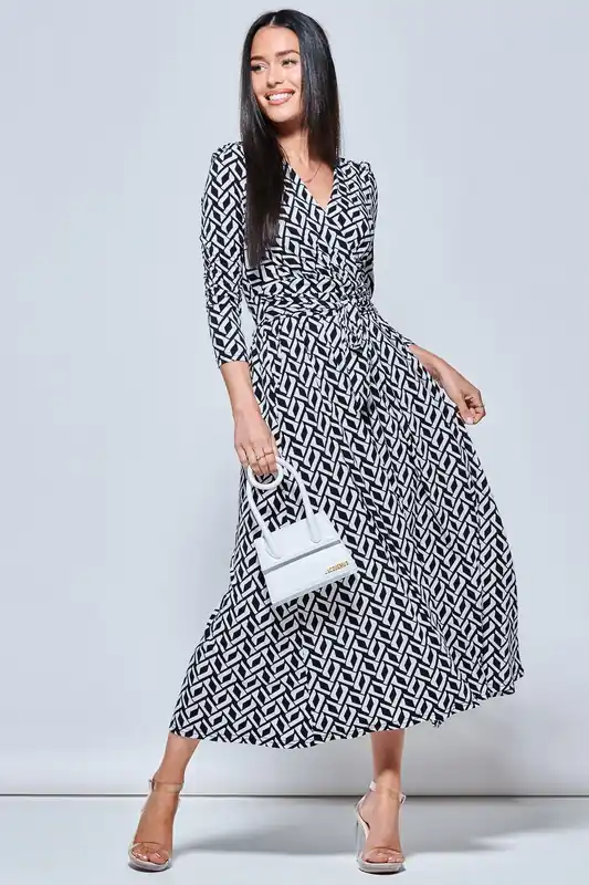 Geometric Print Long Sleeve Maxi Dress - Jolie Moi