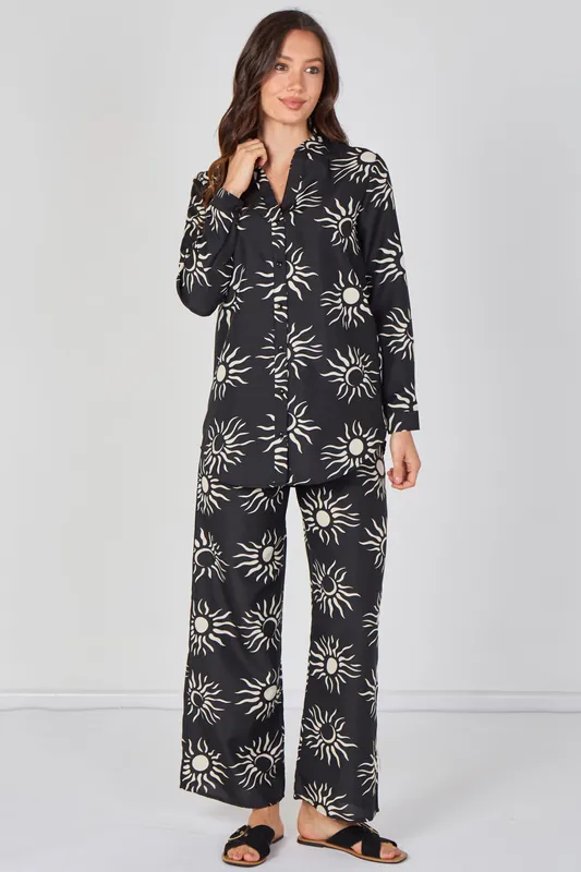 Black Sun Print Shirt and Trouser Co-Ord Set