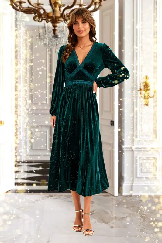 Silver Foil Velvet Lace Trim Neckline Midi Dress In Green - FS Collection