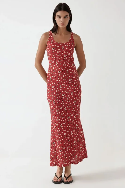 Allower Flower Pattern U Collar Maxi Dress - Hiccup