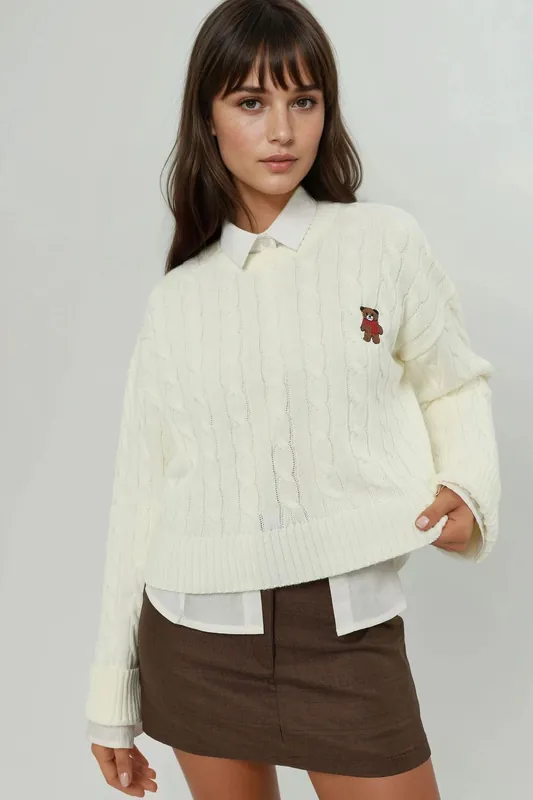 Hair Braid Knit Sweater with Embroidery - Hiccup