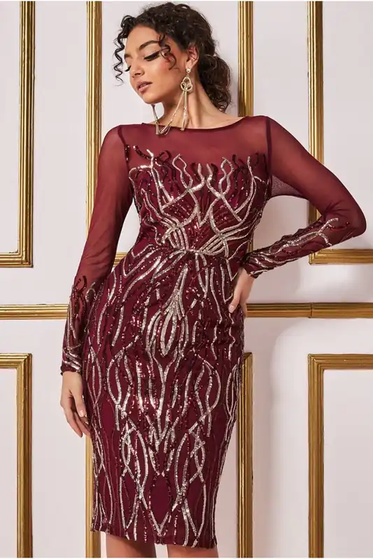 Long Sleeve Sequin Flame Midi Dress - Goddiva