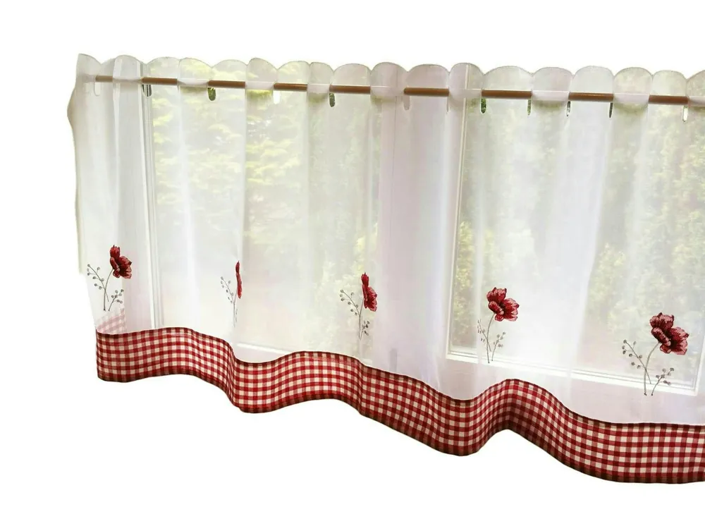 Poppy Floral Checked Kitchen Voile Curtain Café Panels - Alan Symonds