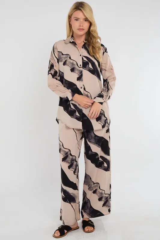 Beige and Black Abstract Brushstroke Print Co-Ord Set