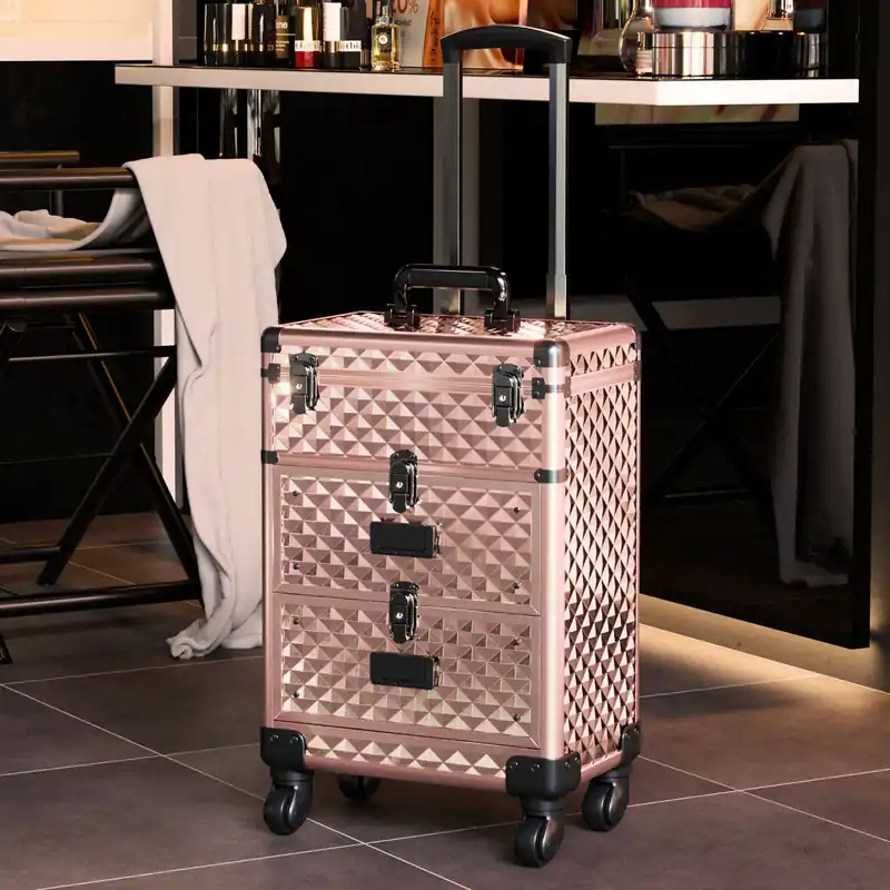 Professional 3-in-1 Rolling Cosmetic Cases Makeup Trolley Nail Luggage Storage Organizer