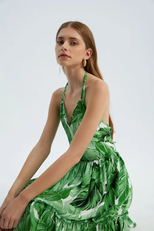Floral V Neck Halter Tiered Mini Dress - Hiccup
