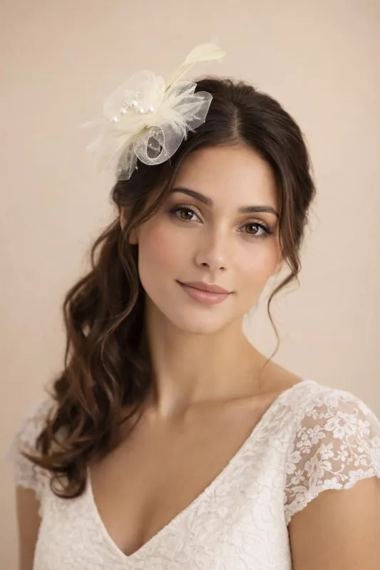 Rosette Faux Pearl & Polka Veil Feather Fascinator - SVNX