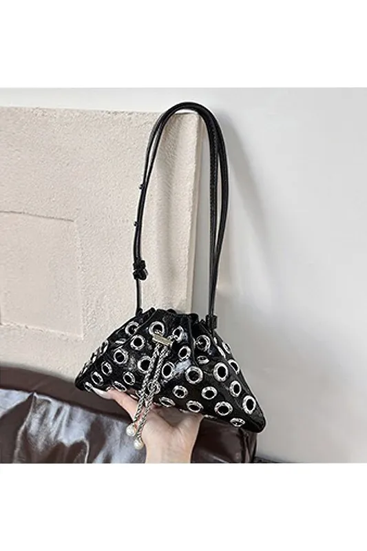 'Janieka' Drawstring Chain Shoulder Bag with Eyelet Studs - XY London