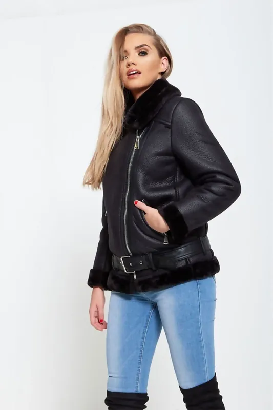 Black Luxury Plush Faux Fur Oversized Aviator Jacket - Femme Luxe