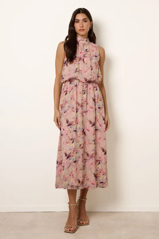 Pink Watercolour Printed Sleeveless Midi Dress - Blue Vanilla