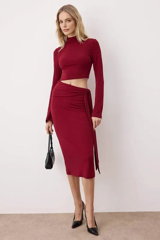 High Neck Long Sleeve Cut Out Detail Midi Knit Dress - WOVCOR
