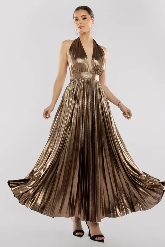 Sunrise Foil Halterneck A Line Maxi Dress - Goddiva