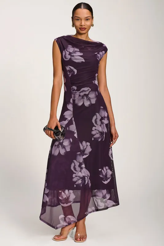 Asymmetric Draped Mesh Maxi Dress - Jolie Moi
