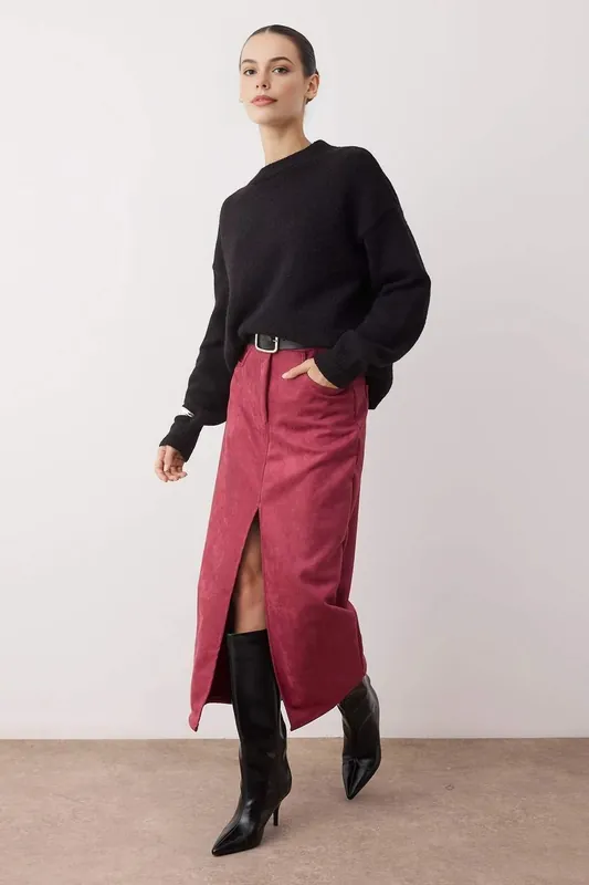 Suede-Look Knit Midi Pencil Skirt with Front Slit