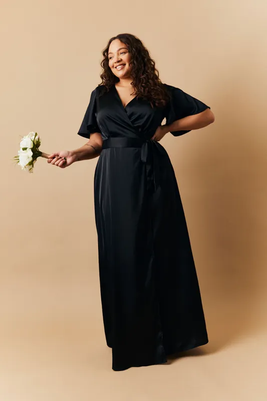 Satin Wrap Tie Angel Sleeve Maxi Dress - In The Style