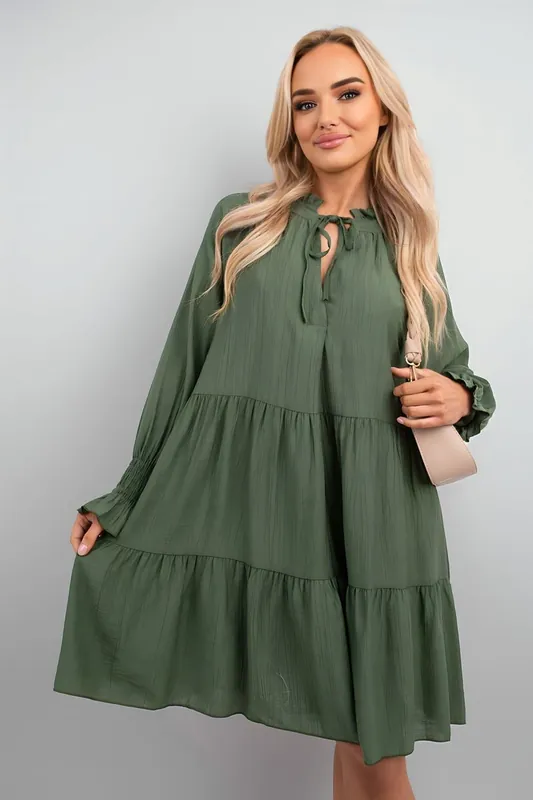 Renata Long Sleeve Front Tie Tiered Mini Dress - IKRUSH