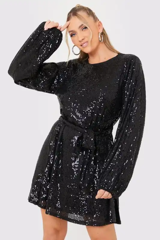 In The Style Black Sequin Belted Balloon Sleeve Mini Dress