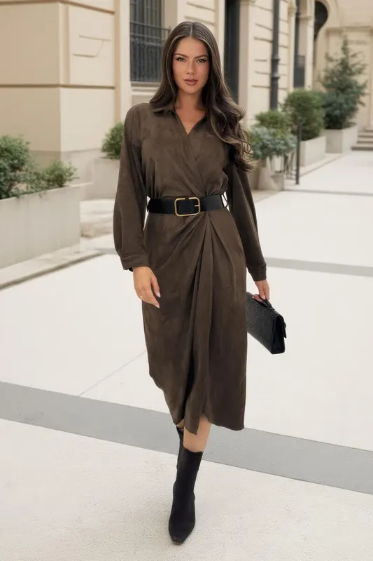 Khaki Faux Suede Belted Wrap Shirt Midi Dress - AX Paris