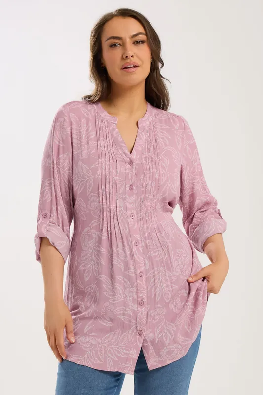 Leaf Print Pintuck Blouse - Yours