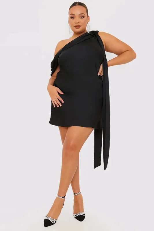 Black Satin Asymmetric Neckline Mini Dress - In The Style