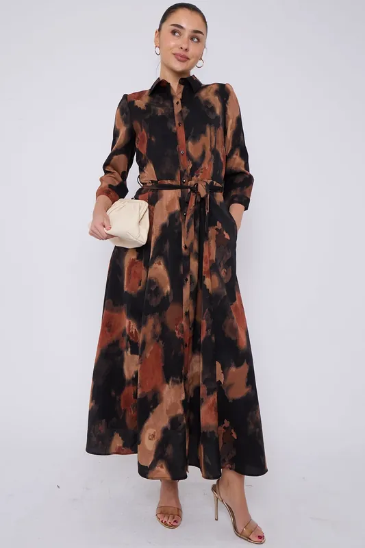 Brown Abstract Print Maxi Shirt Dress - Love Sunshine