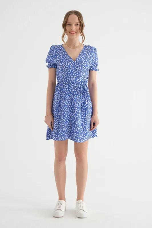 Floral Surplice Neck Puff Sleeves Mini Dress with a Drawstring - Hiccup