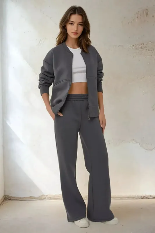 High Waist Wide Leg Pants & Zippered Hoodie Set - Hiccup