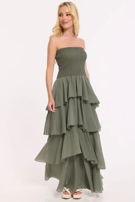 Khaki Strapless Tiered Maxi Dress - Liquorish