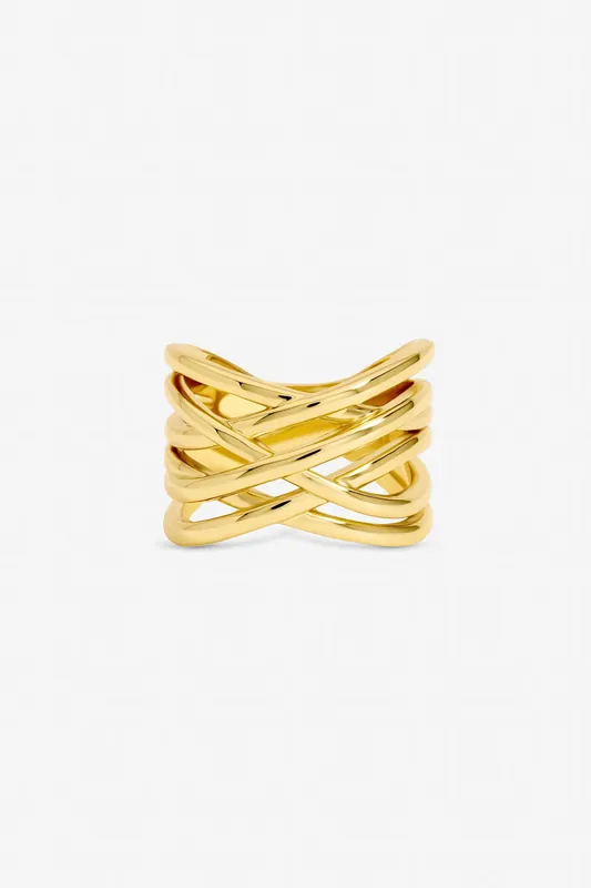 Gold Plated Polished Cross Over Ring - Jon Richard