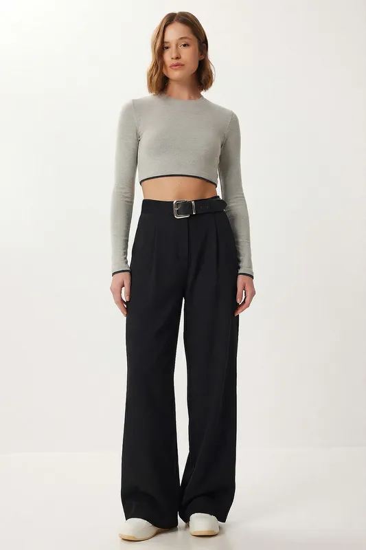 High Waist Wide Leg Palazzo Trousers with Belt - Happiness Istanbul