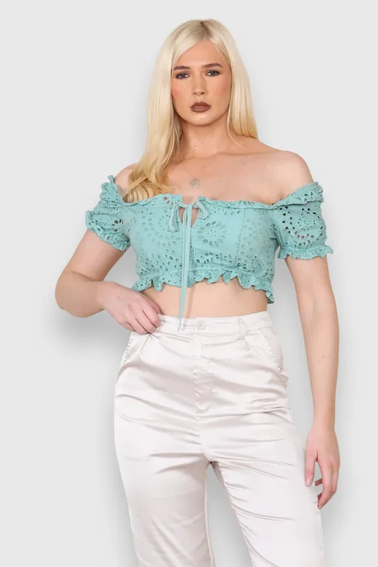 On Off Shoulder Floral Eyelet Embroidery Broderie Cotton Crop Top - ELAINA FASHION