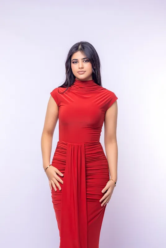 RUST CAP SLEEVE JERSEY RUCHED WAIST MAXI STYLE EVENING GOWN - AVINCI