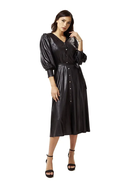 PU Midi Shirt Dress in Black with Balloon Sleeves - Liquorish