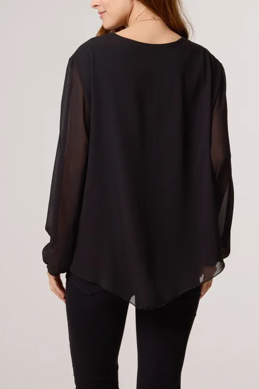 Black Tie Side Chiffon Necklace Top - Blue Vanilla