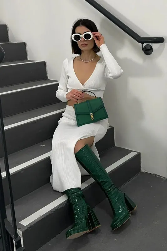 2 Pieces: V Neck Long Sleeve Crop Top & High Waist Slit Maxi Skirt - Hiccup