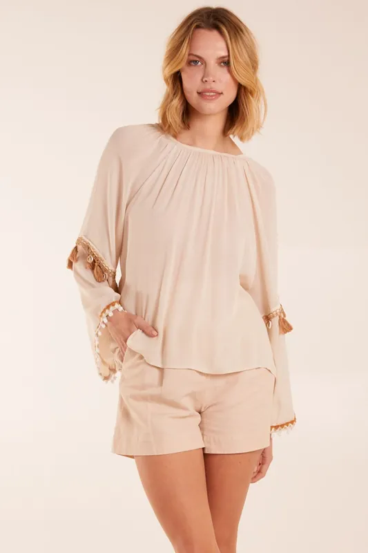 Tassel Wide Sleeve Blouse - Blue Vanilla