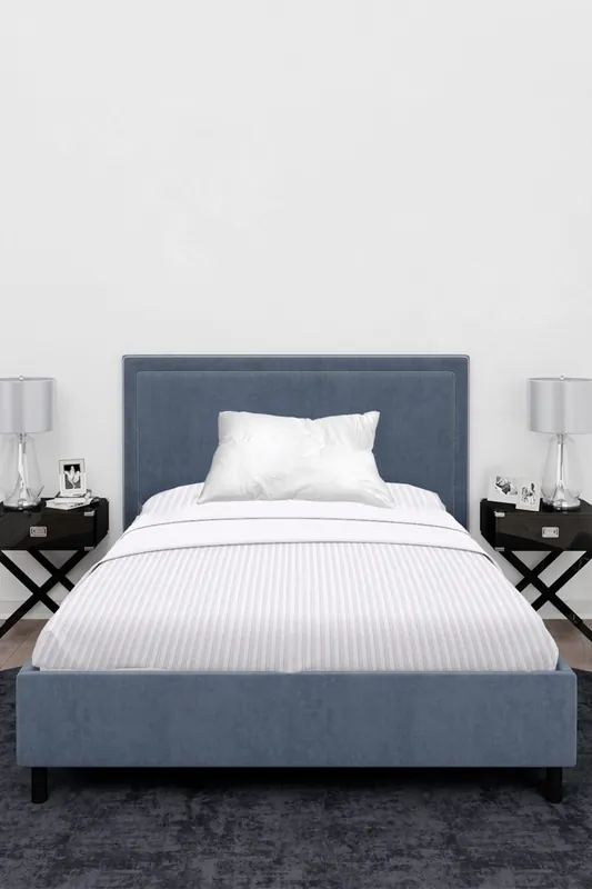 300TC Cotton Fitted Sheet, White Satin Stripe, Single, 90cmx190cmx30cm - Neel Blue