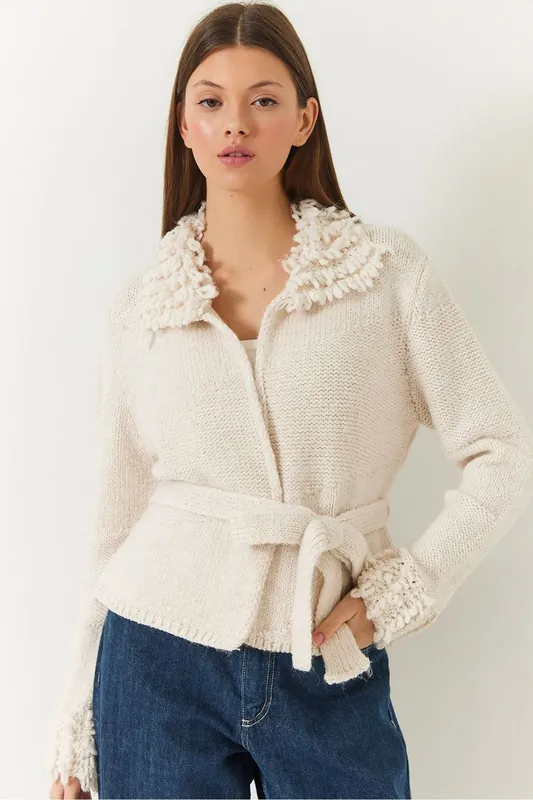 Frilly Tie Closure Shawl Collar Cardigan - Bianco Lucci