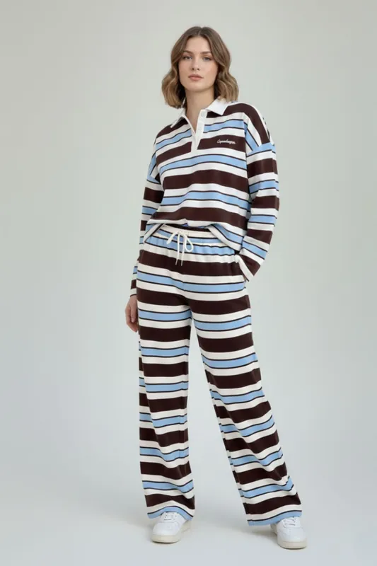 Stripe Rugby Collar Sweatshirt and Trouser Set - STYLEWISE