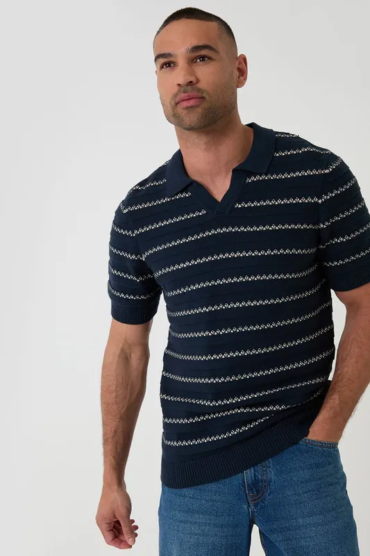 Textured Stripe Knitted Trophy Neck Polo - Threadbare